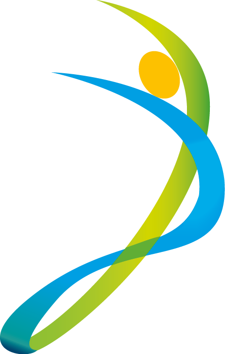 Logo Praxis Joana Parlmeyer - ein aus Kalligraphielinien geschwungenes dynamisches Logo, das die Buchstaben J un P in den Farben Grün und Blau kombiniert. Außerdem sind die Linien so angeordnet, dass sie auch einen stilisierten Menschen zeigen der fröhlich die Arme hebt. In der Mitt ist ein sonnengelber Kopf zu sehen. Symbol für positive Energie.