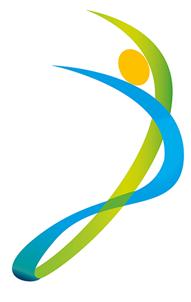 Logo Praxis Joana Parlmeyer - ein aus Kalligraphielinien geschwungenes dynamisches Logo, das die Buchstaben J un P in den Farben Grün und Blau kombiniert. Außerdem sind die Linien so angeordnet, dass sie auch einen stilisierten Menschen zeigen der fröhlich die Arme hebt. In der Mitt ist ein sonnengelber Kopf zu sehen. Symbol für positive Energie.